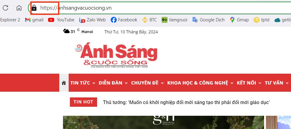 Các trang web an toàn như trang anhsangvacuocsong.vn thường dùng giao thức https